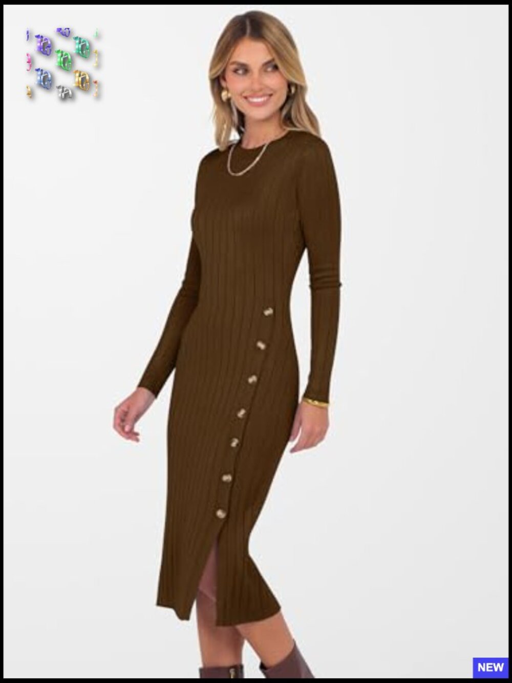 Long Sleeve Midi Dress Ribbed Knit Bodycon Fitted Button Down Sweater Dress - Picture 5 of 7